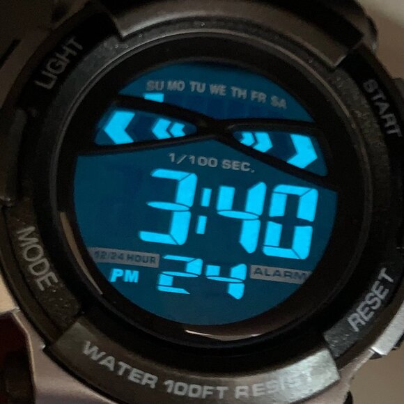 Men digital watch 43mm alarm chrono gray 100MWR silver tone nylon band running - Picture 4 of 7